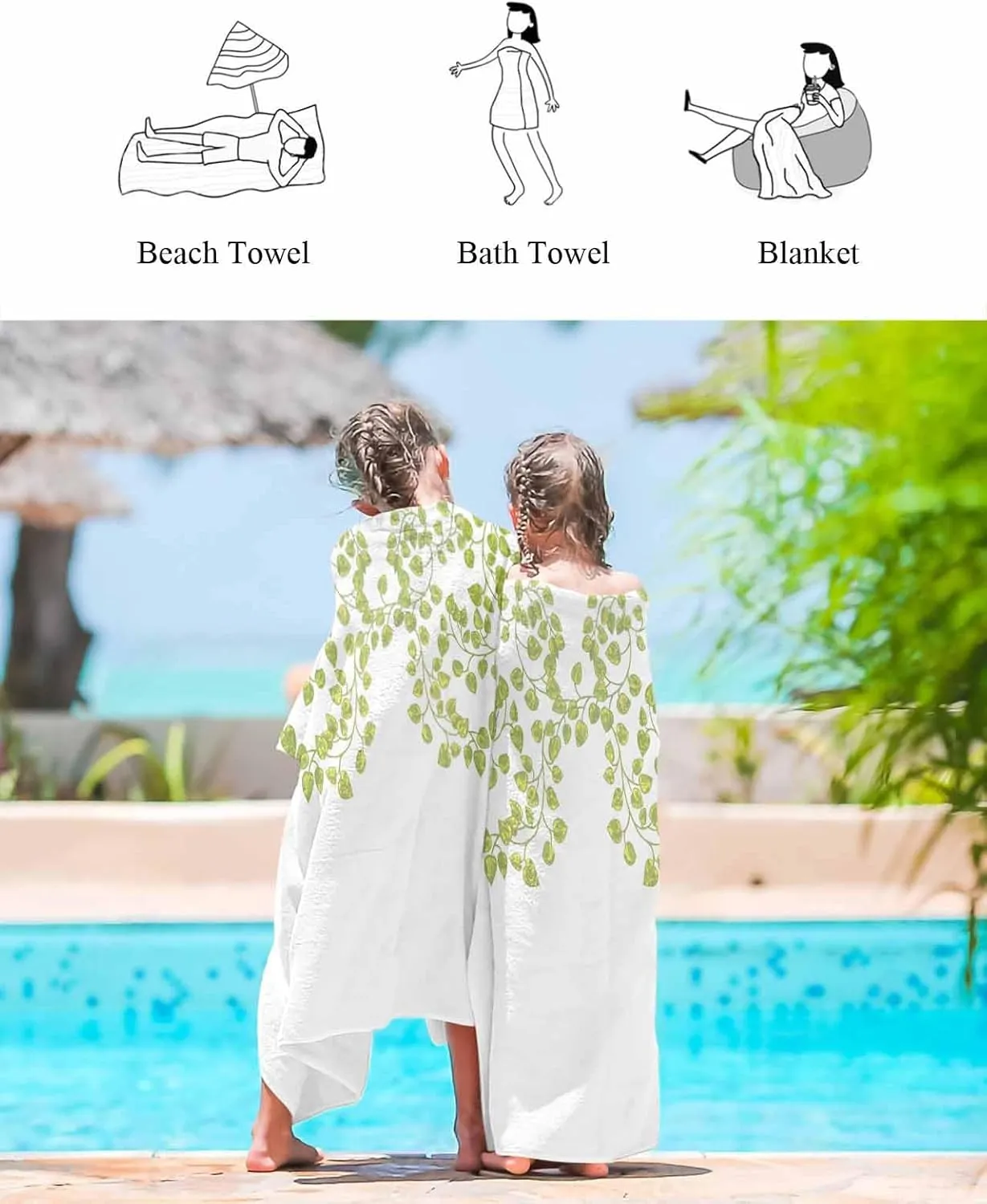 Quick-Drying Microfiber Beach Towel, Saga Green Leaves Soft Absorbent Bath Shower Towels, Country Plants Lightweight Portable Towel/Blanket for Travel/Swimming Pool/Camping/Yoga/Gym，35x70 Inch
