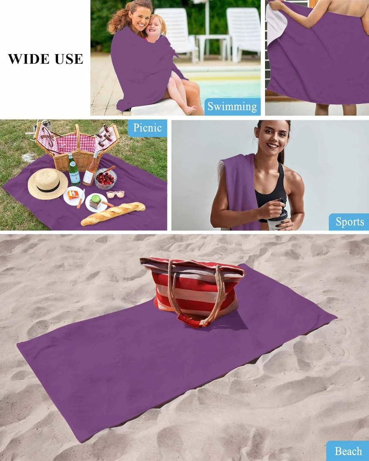 Quick-Drying Microfiber Beach Towel, Simplicity Purple Soft Absorbent Bath Shower Towels, Solid Color Lightweight Portable Towel/Blanket for Travel/Swimming Pool/Camping/Yoga/Gym，35x70 Inch