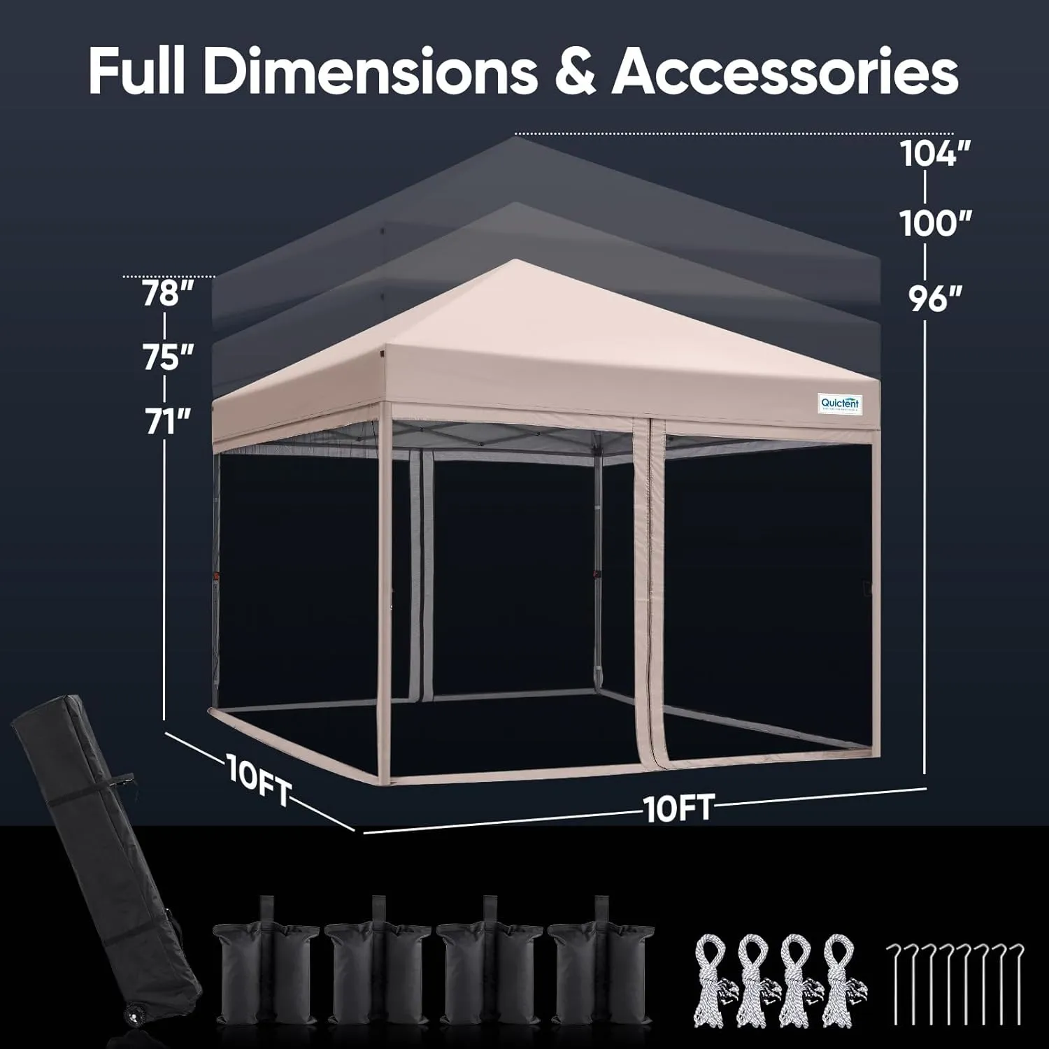 Quictent 10'x10’ Pop up Screened Canopy Tent with Mosquito Netting, Portable Easy up Outdoor Screen House Shelter Fully Sealed for Patio, Camping and Picnic, Includes Wheeled Carry Bag (Tan)