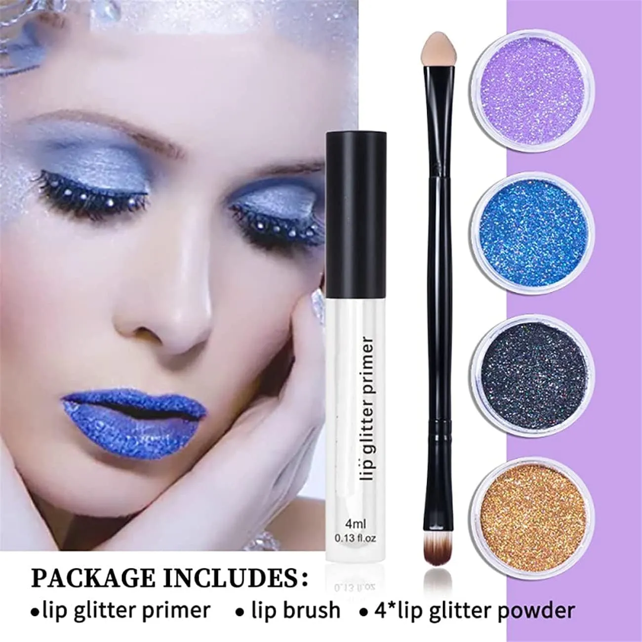 QUROXO Kawaii Kisses Glitter Lip Kit, Glitter Lips, Glitter Lip Kit Gloss Set, 4 Color Diamond Glitter Metallic Lipstick Waterproof and Long-Lasting Lipstick Set (Cool color)