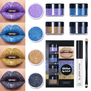 QUROXO Kawaii Kisses Glitter Lip Kit, Glitter Lips, Glitter Lip Kit Gloss Set, 4 Color Diamond Glitter Metallic Lipstick Waterproof and Long-Lasting Lipstick Set (Cool color)