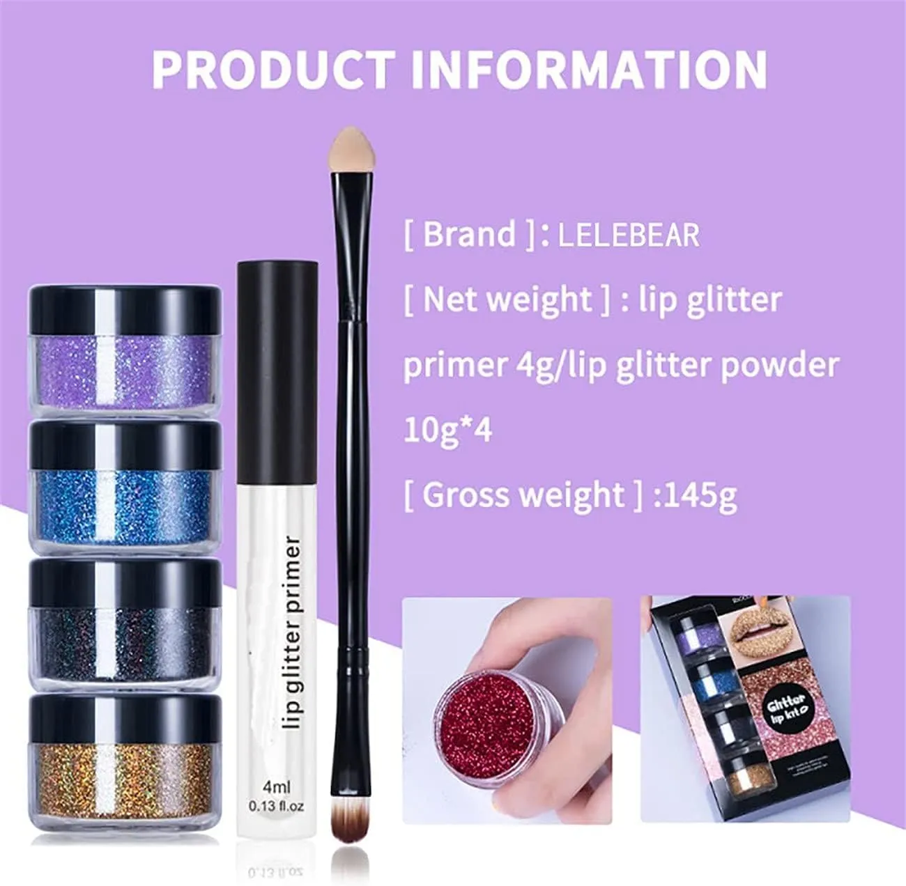 QUROXO Kawaii Kisses Glitter Lip Kit, Glitter Lips, Glitter Lip Kit Gloss Set, 4 Color Diamond Glitter Metallic Lipstick Waterproof and Long-Lasting Lipstick Set (Cool color)
