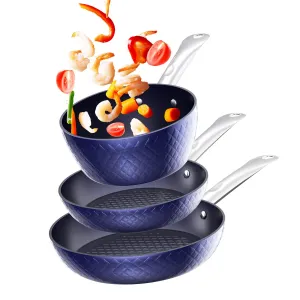 RAINBEAN Saucepan 3Pcs Set Frying Pan Sets Non Stick Blue 3D Diamond Cookware