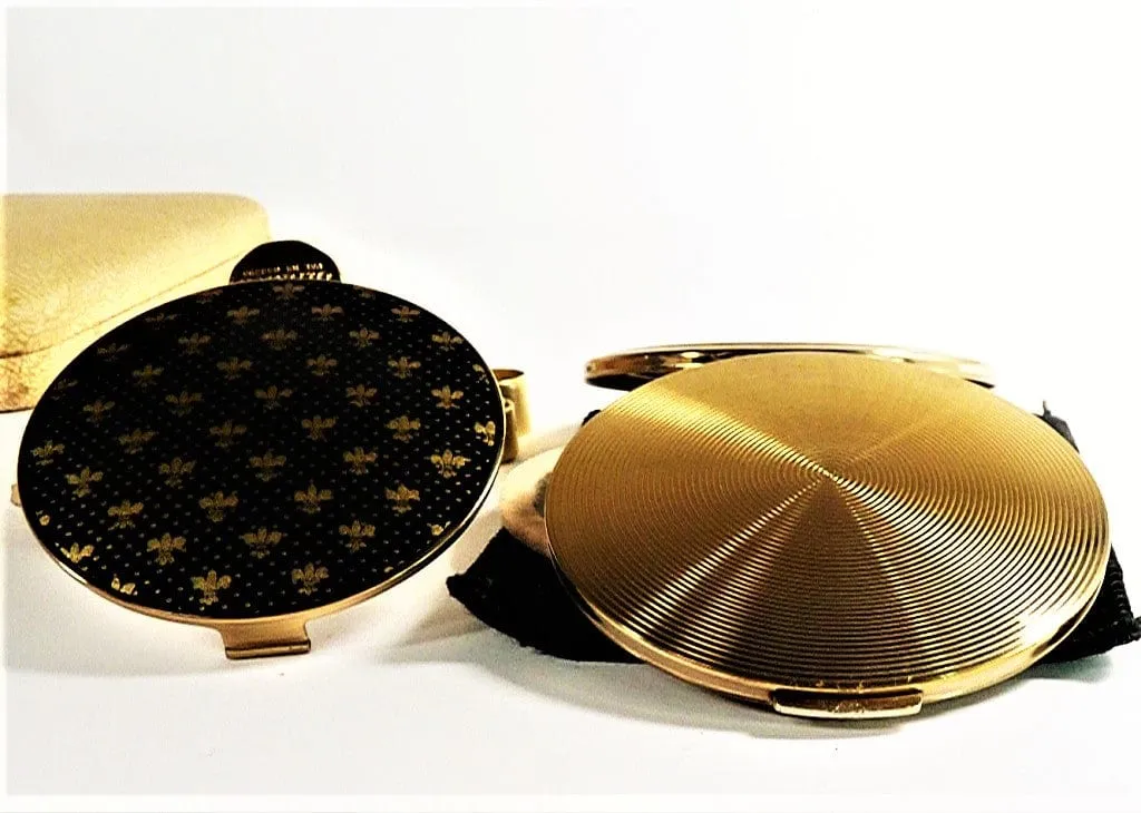 Rare Stratton Compact And Lipstick Mirror 1950s Fleur De Lis Design Black And Gold