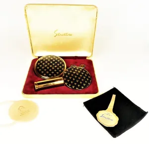 Rare Stratton Compact And Lipstick Mirror 1950s Fleur De Lis Design Black And Gold