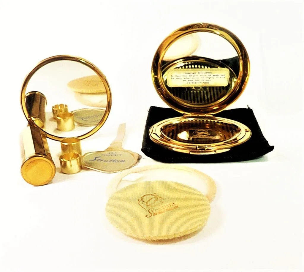 Rare Stratton Compact And Lipstick Mirror 1950s Fleur De Lis Design Black And Gold