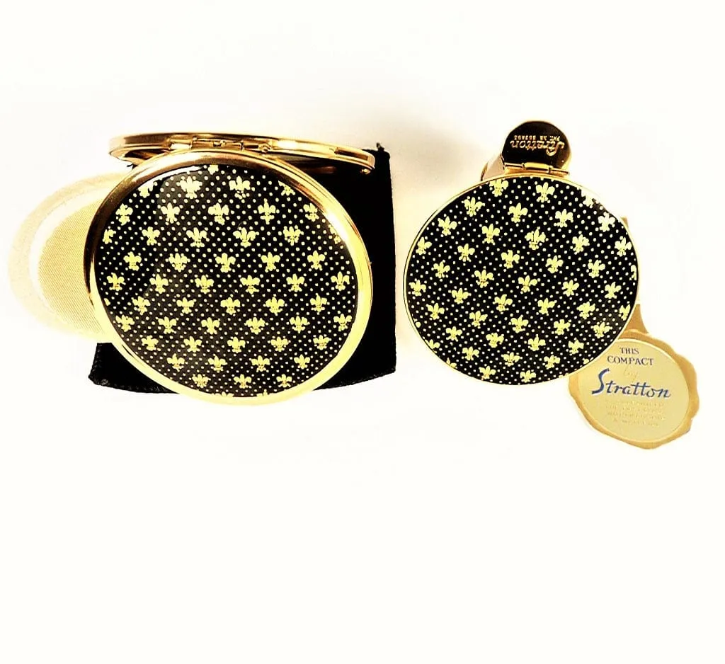 Rare Stratton Compact And Lipstick Mirror 1950s Fleur De Lis Design Black And Gold