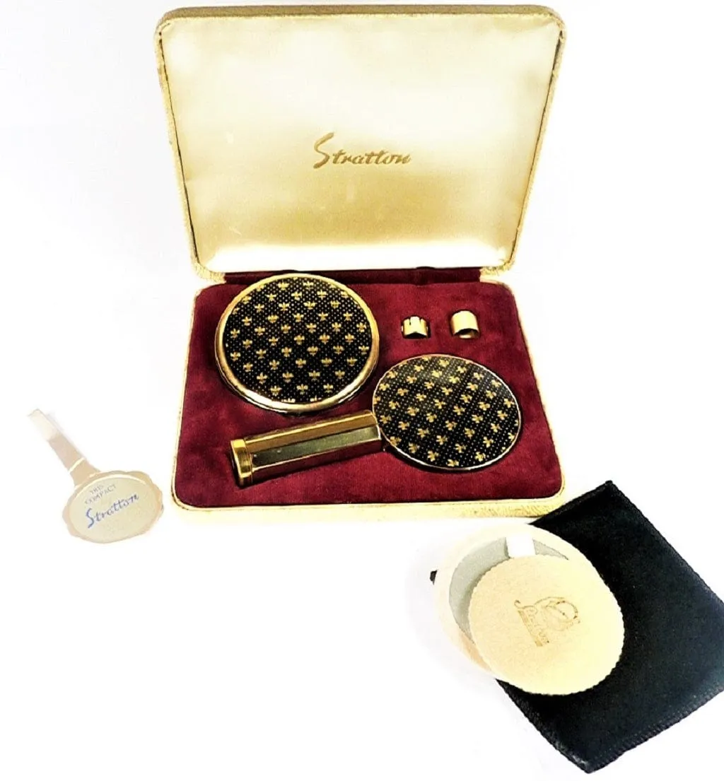 Rare Stratton Compact And Lipstick Mirror 1950s Fleur De Lis Design Black And Gold
