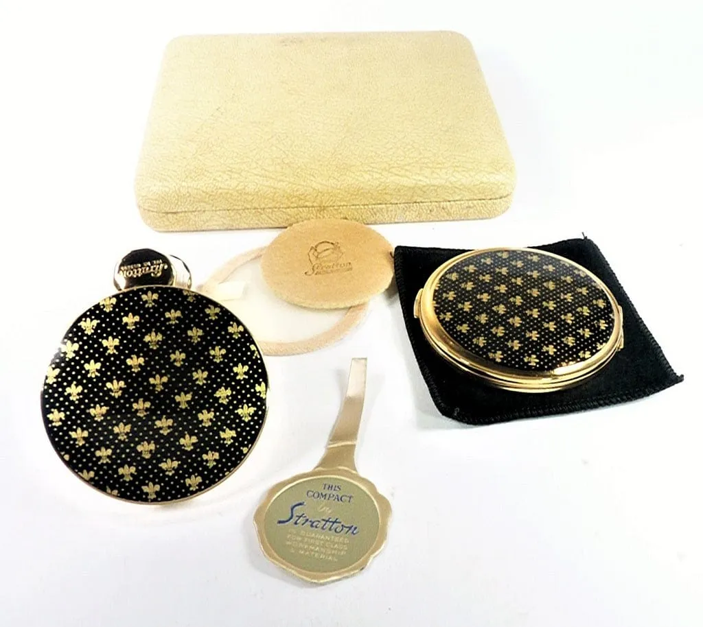Rare Stratton Compact And Lipstick Mirror 1950s Fleur De Lis Design Black And Gold