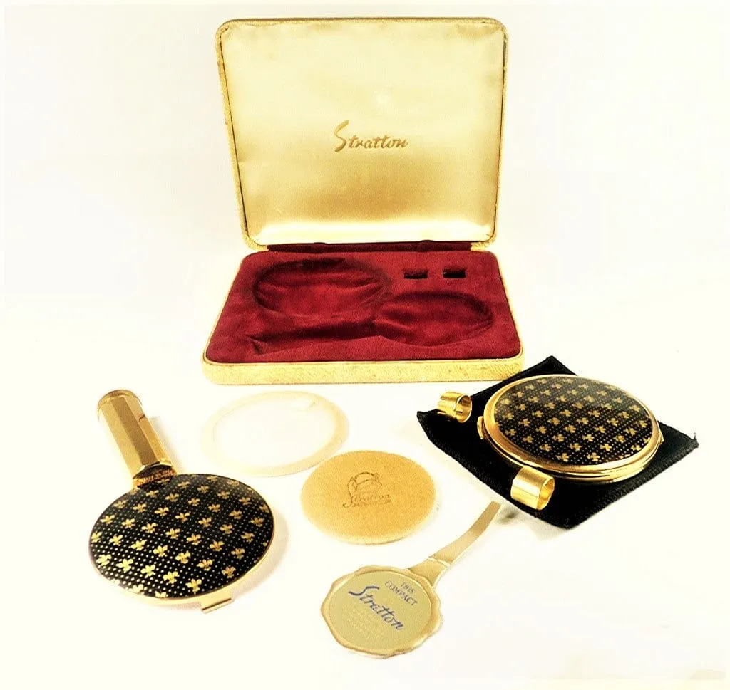 Rare Stratton Compact And Lipstick Mirror 1950s Fleur De Lis Design Black And Gold