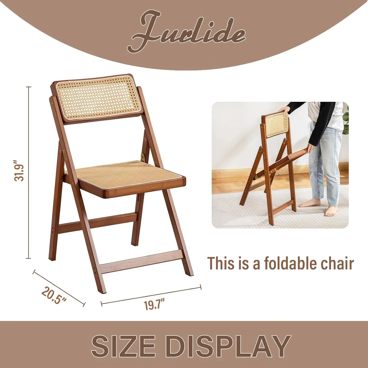Rattan Folding Chair, Modern Mid Century Dining Chairs Set of 1, Comfy Outdoor Bamboo Chairs for Bedroom Living Room Reading Room Dining Kitchen, Walnut
