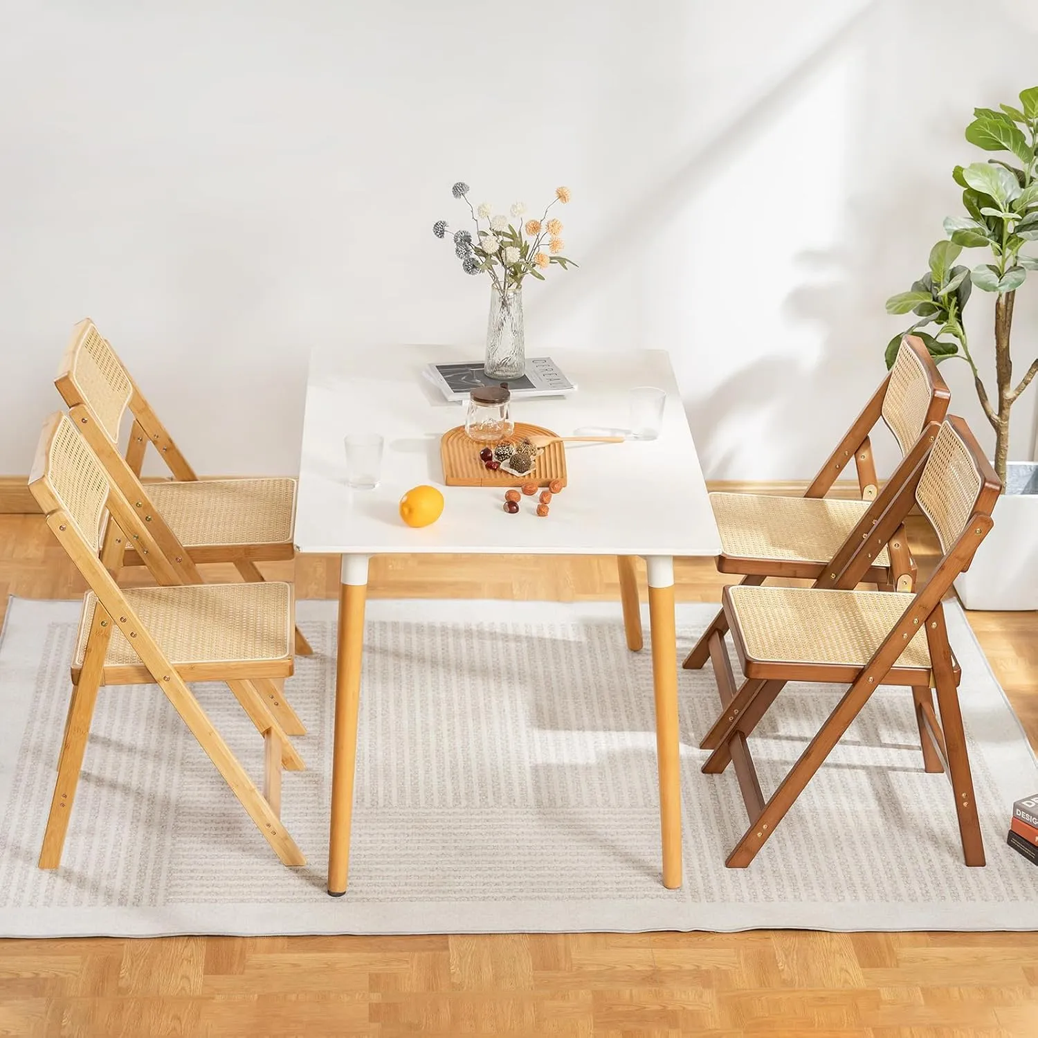 Rattan Folding Chair, Modern Mid Century Dining Chairs Set of 1, Comfy Outdoor Bamboo Chairs for Bedroom Living Room Reading Room Dining Kitchen, Walnut