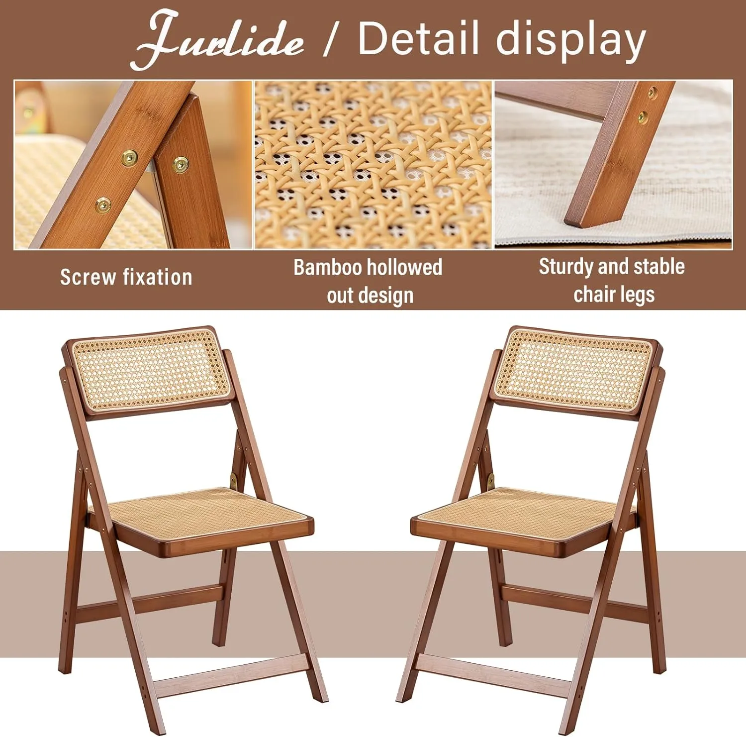 Rattan Folding Chair, Modern Mid Century Dining Chairs Set of 1, Comfy Outdoor Bamboo Chairs for Bedroom Living Room Reading Room Dining Kitchen, Walnut