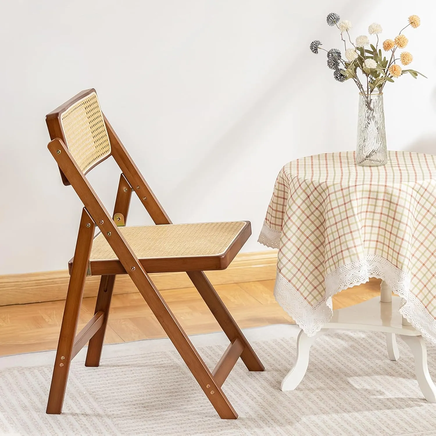 Rattan Folding Chair, Modern Mid Century Dining Chairs Set of 1, Comfy Outdoor Bamboo Chairs for Bedroom Living Room Reading Room Dining Kitchen, Walnut