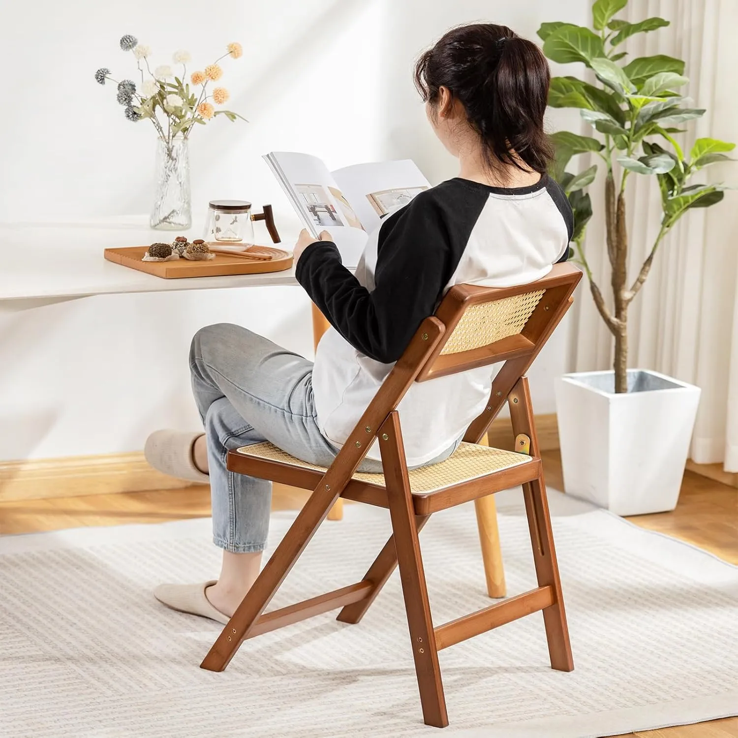 Rattan Folding Chair, Modern Mid Century Dining Chairs Set of 1, Comfy Outdoor Bamboo Chairs for Bedroom Living Room Reading Room Dining Kitchen, Walnut