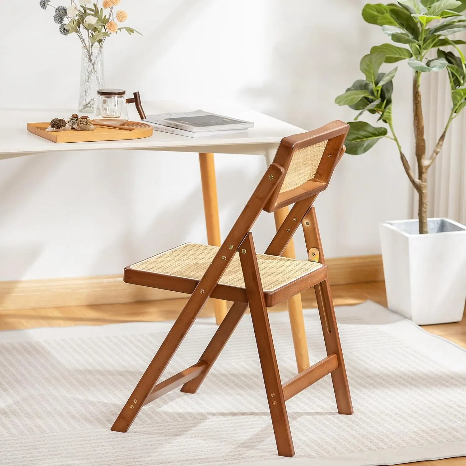 Rattan Folding Chair, Modern Mid Century Dining Chairs Set of 1, Comfy Outdoor Bamboo Chairs for Bedroom Living Room Reading Room Dining Kitchen, Walnut