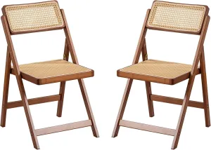 Rattan Folding Chairs, Modern Mid Century Dining Chairs Set of 2, Outdoor Bamboo Chairs for Bedroom Living Room Reading Room Dining Kitchen, Walnut