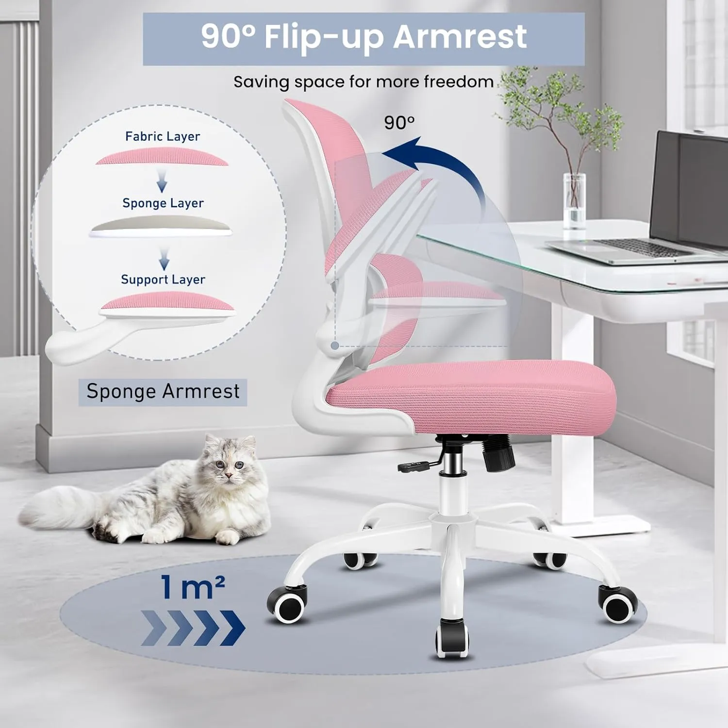 Razzor Ergonomic Desk Chair with Lumbar Support and Adjustable Armrests, Breathable Mesh Mid Back Computer Chair, Reclining Office Chair for Home Office - Pink