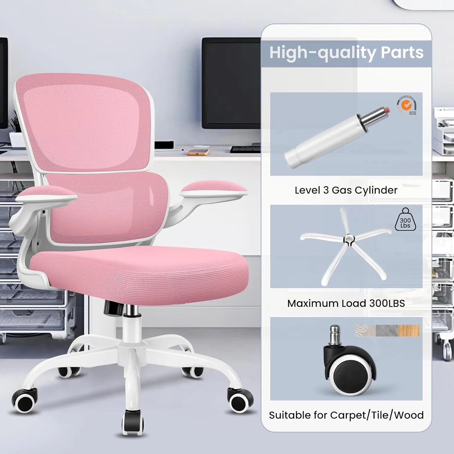 Razzor Ergonomic Desk Chair with Lumbar Support and Adjustable Armrests, Breathable Mesh Mid Back Computer Chair, Reclining Office Chair for Home Office - Pink
