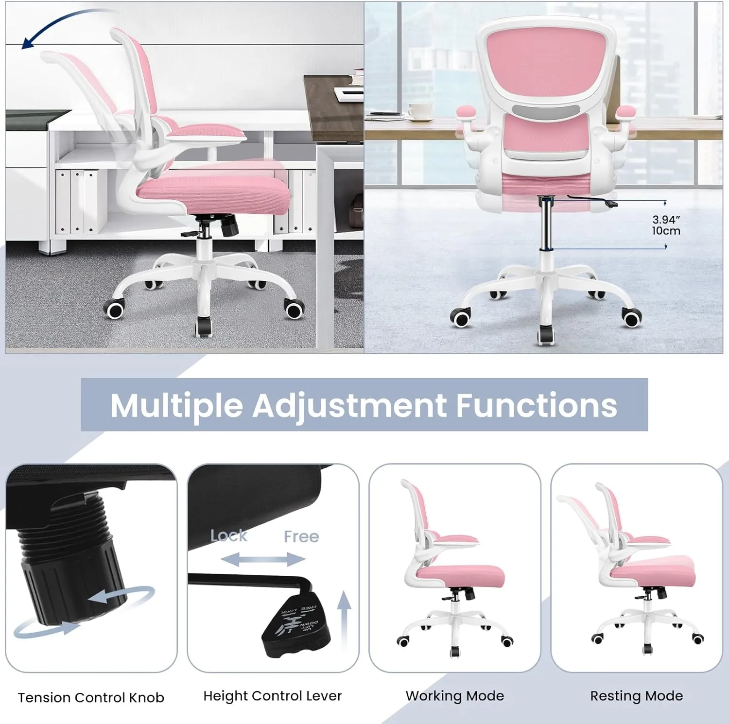 Razzor Ergonomic Desk Chair with Lumbar Support and Adjustable Armrests, Breathable Mesh Mid Back Computer Chair, Reclining Office Chair for Home Office - Pink