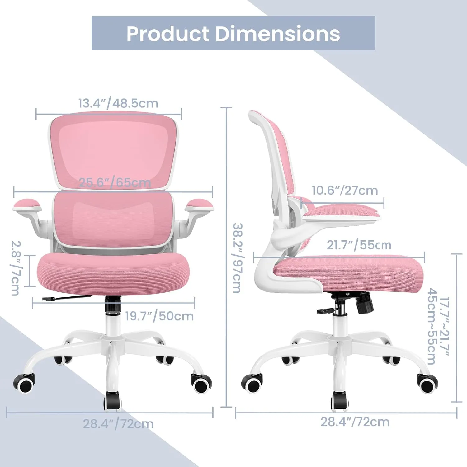 Razzor Ergonomic Desk Chair with Lumbar Support and Adjustable Armrests, Breathable Mesh Mid Back Computer Chair, Reclining Office Chair for Home Office - Pink