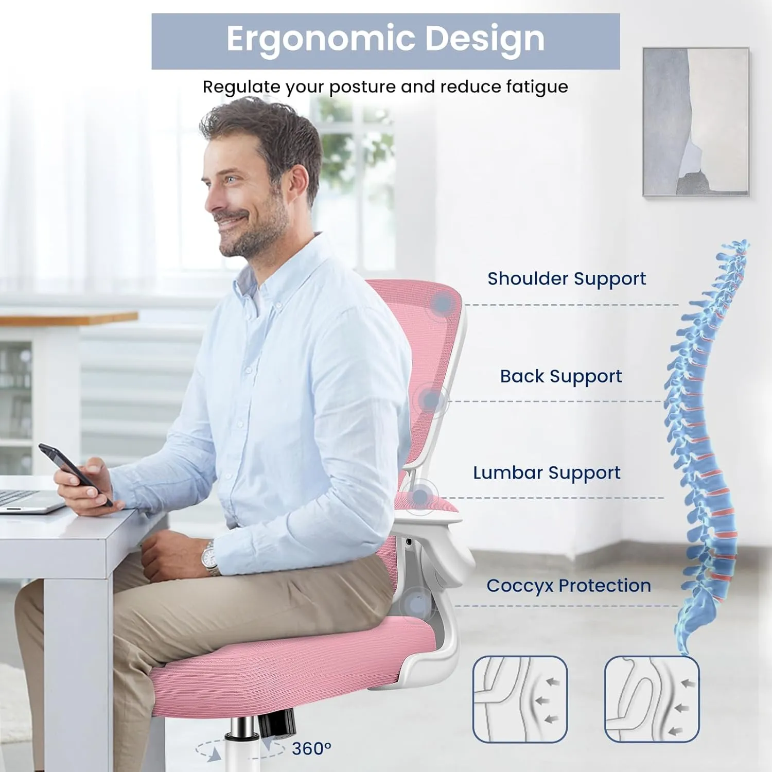 Razzor Ergonomic Desk Chair with Lumbar Support and Adjustable Armrests, Breathable Mesh Mid Back Computer Chair, Reclining Office Chair for Home Office - Pink