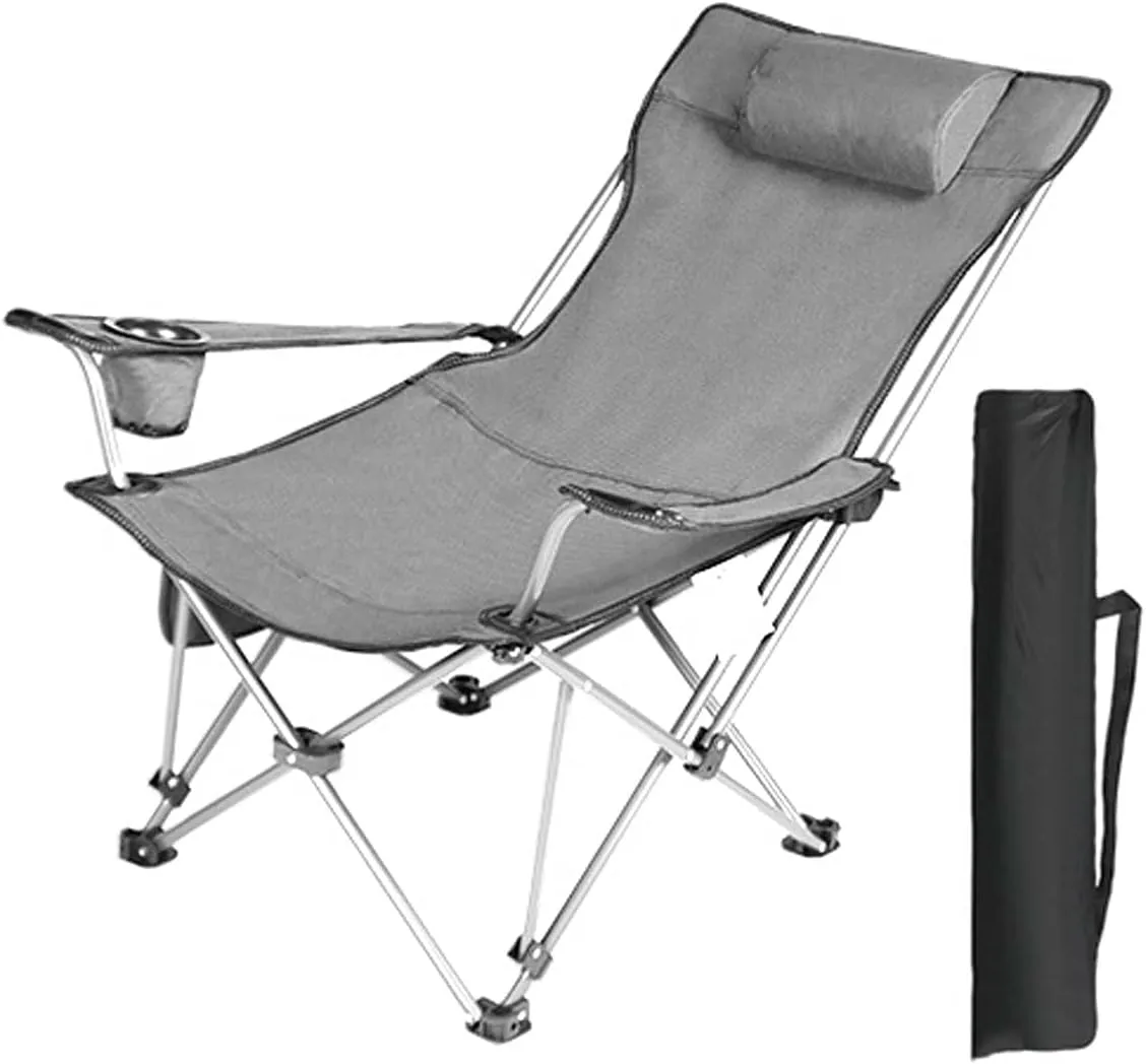 Recliner Chair,Folding Beach Chair with Cup Holders and Lower Mesh Side Pocket Adjustable Foldable Garden Lounger, for Outdoor, Camp, Picnic, Hiking,Gray