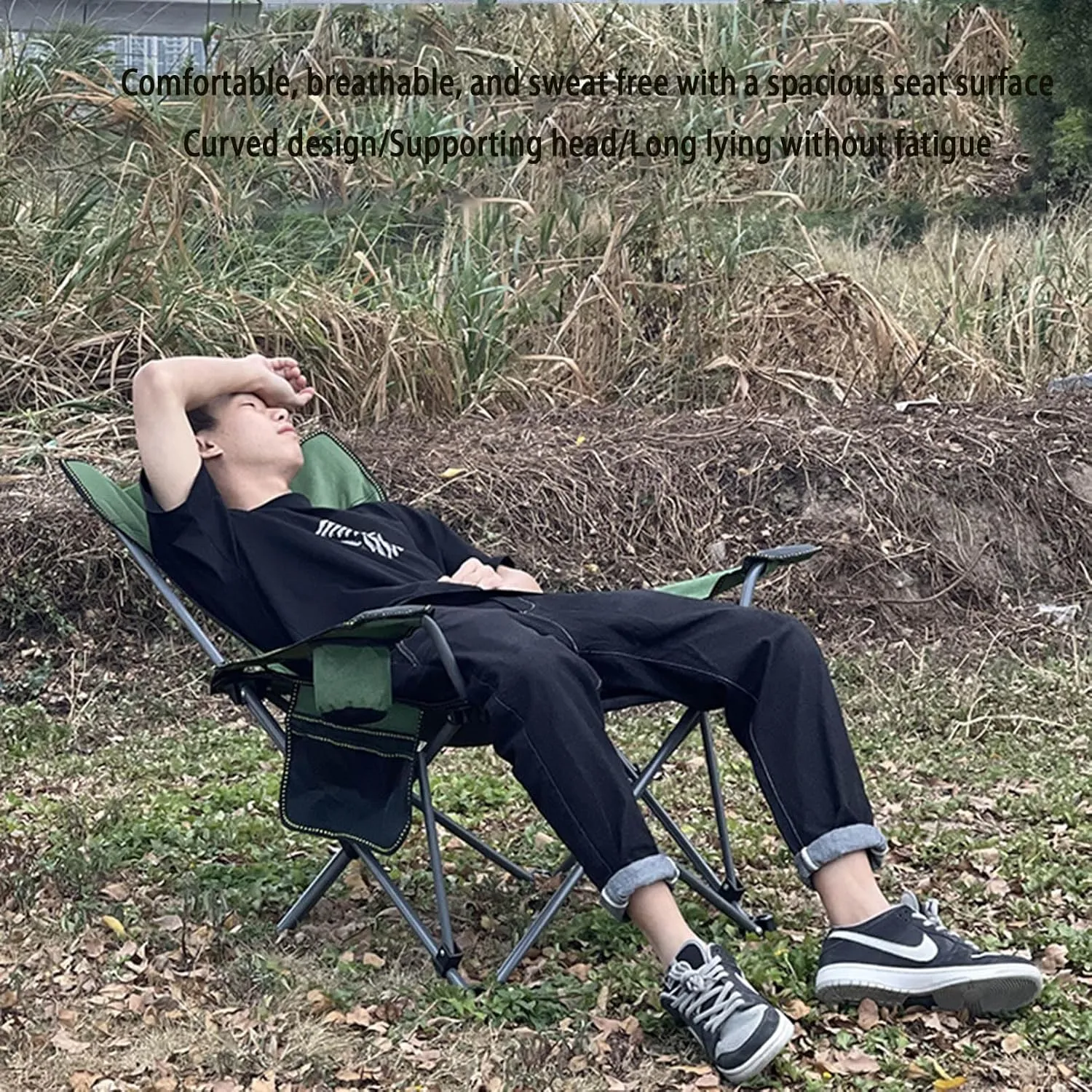 Reclining Beach Chair Backpack Flat Lounge Chair Outdoor Chair Foldable Recliner Adjustable Patio Lounge Side Cup Holder Tray with Headrest and Cup Holders and Outdoor Storage Bag