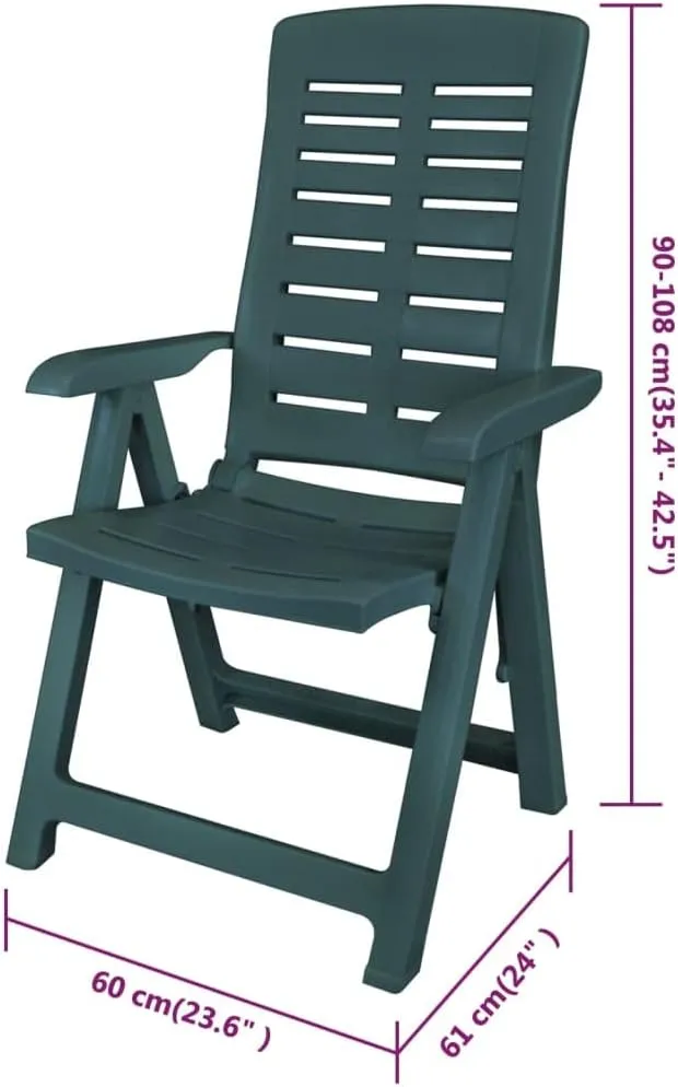 Reclining Patio Chairs Set of 6 Green Plastic Outdoor Chairs, Foldable and Lightweight Lounge Chairs with 4 Reclining Positions, Durable and Easy to Clean for Garden, Patio, Beach, Camping