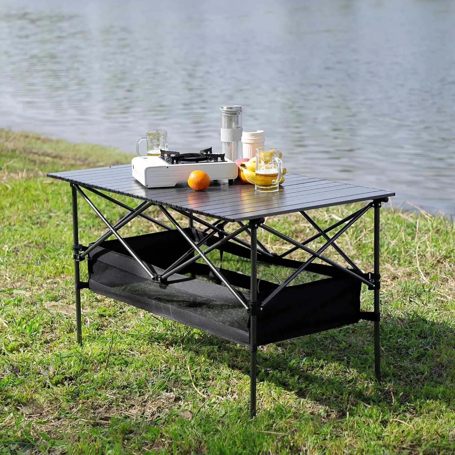 Rectangular Folding Aluminum Camping Table, Lightweight Roll Up Design Portable Outdoor Table with Carry Bag, Sturdy 120lb Capacity, Water Resistant Surface for BBQ, Patio, Beach, Picnic, Black