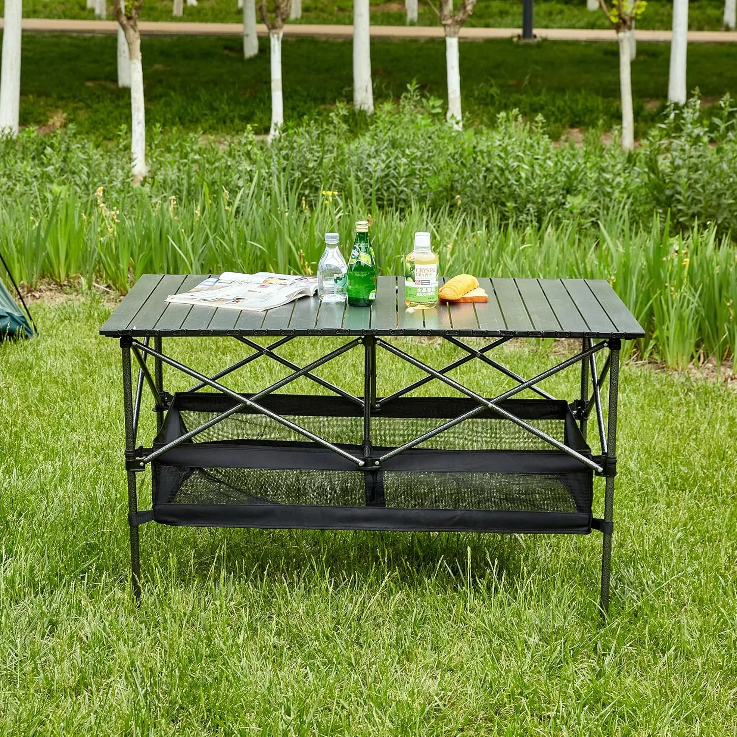 Rectangular Folding Aluminum Camping Table, Lightweight Roll Up Design Portable Outdoor Table with Carry Bag, Sturdy 120lb Capacity, Water Resistant Surface for BBQ, Patio, Beach, Picnic, Black