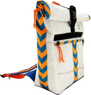 Recycled Sailcloth Roll Top Backpack, Waterproof Lightweight Sport Bag, White with Orange Blue Chevron Design