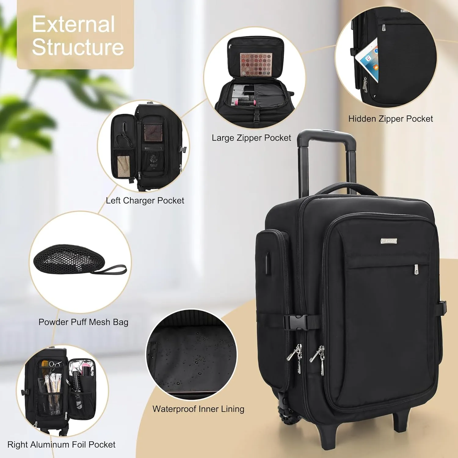 Relavel Rolling Makeup Train Case, Trolley Travel Make Up Case with Adjustable Dividers, Extra Large Makeup Backpack with Wheels, Waterproof Cosmetic Organizer for Makeup Artist, Black