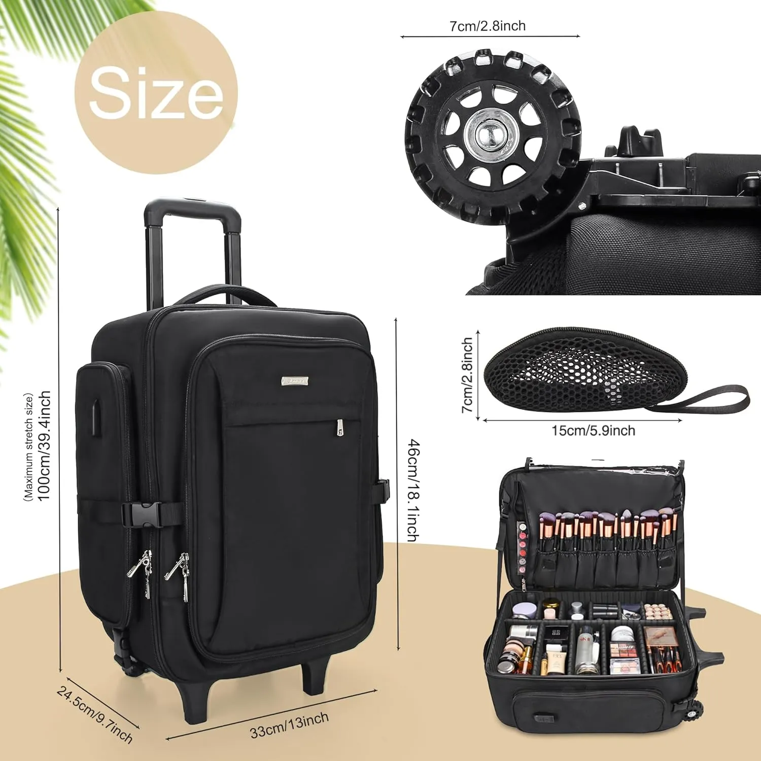 Relavel Rolling Makeup Train Case, Trolley Travel Make Up Case with Adjustable Dividers, Extra Large Makeup Backpack with Wheels, Waterproof Cosmetic Organizer for Makeup Artist, Black