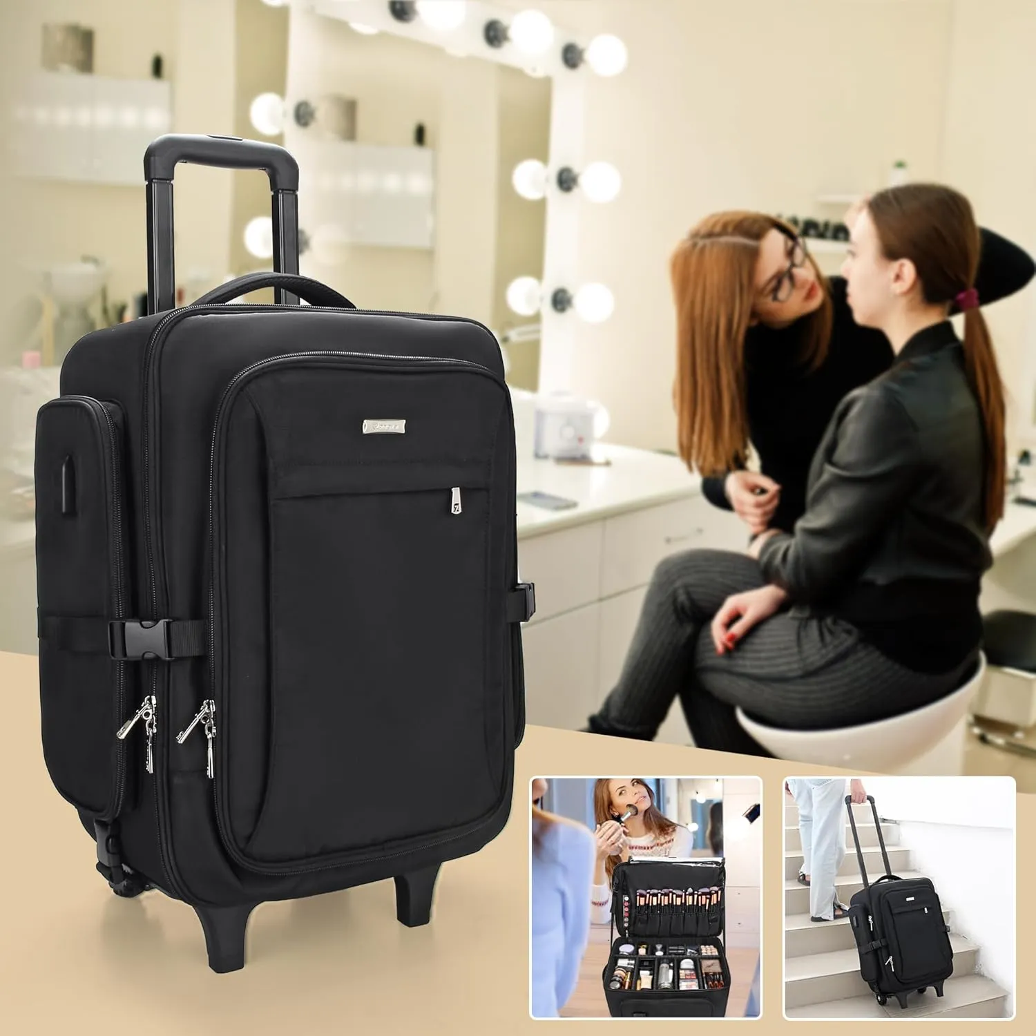 Relavel Rolling Makeup Train Case, Trolley Travel Make Up Case with Adjustable Dividers, Extra Large Makeup Backpack with Wheels, Waterproof Cosmetic Organizer for Makeup Artist, Black