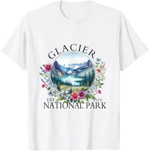 Retro Floral Glacier National Park Hiking Camping Outdoor T-Shirt