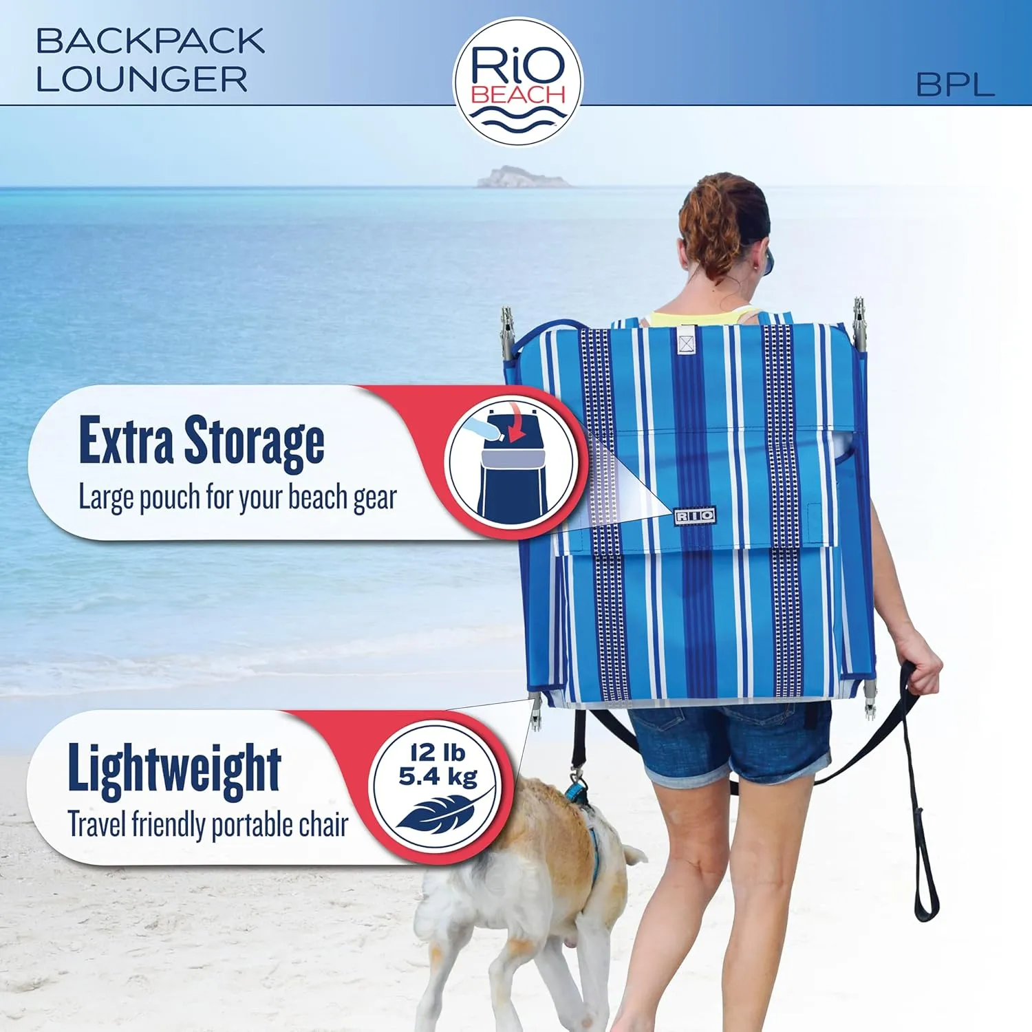 Rio Beach Portable Lay Flat Folding Backpack Beach Lounge Chair with Backpack Straps and Storage Pouch, Blue Stripe