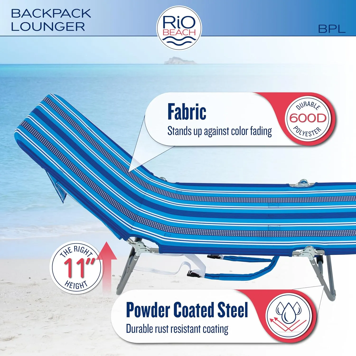 Rio Beach Portable Lay Flat Folding Backpack Beach Lounge Chair with Backpack Straps and Storage Pouch, Blue Stripe