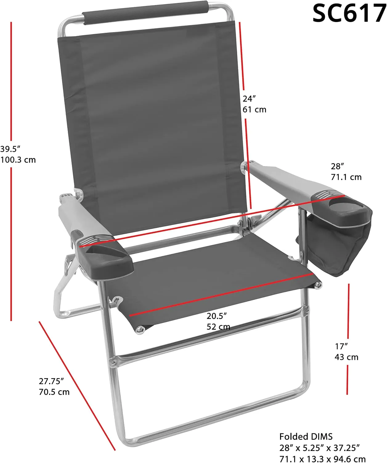 Rio Brands 17" Extended Height 4-Position Folding Beach, Camping, Lawn Chair, Turquoise