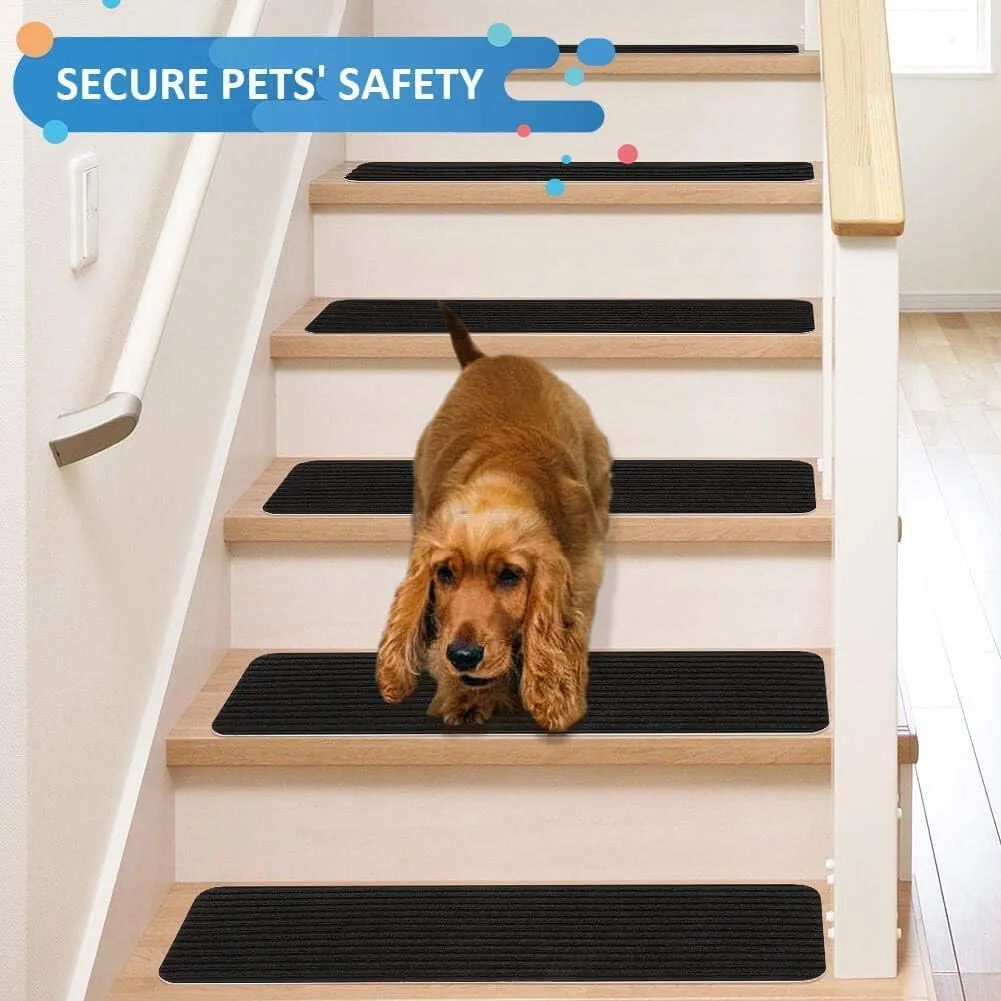 RIOLAND Stair Treads Carpet Non-Slip Indoor Stair Runners for Wooden Steps, Stair Rugs for Kids and Dogs, Set of 15, 8" X 30", Black