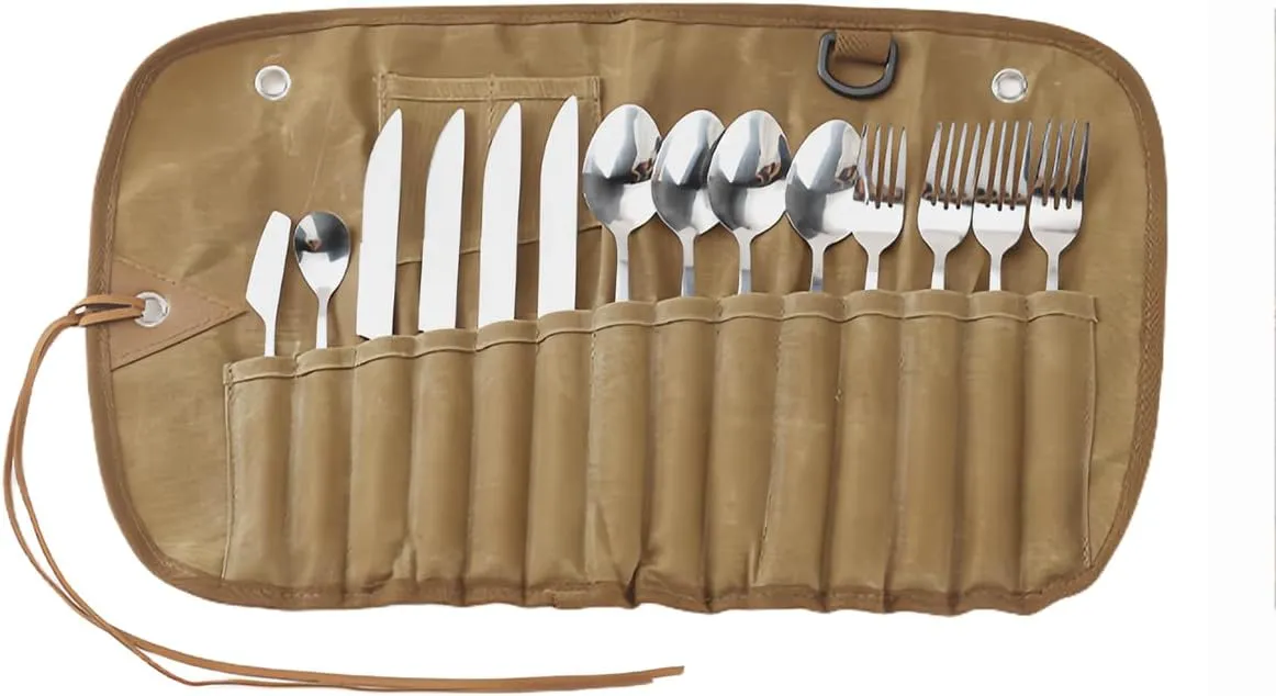 Roll Up Cutlery Bag, Hanging Cutlery Organizer, Portable Outdoor Camping Spoon Fork Utensils Storage Bag