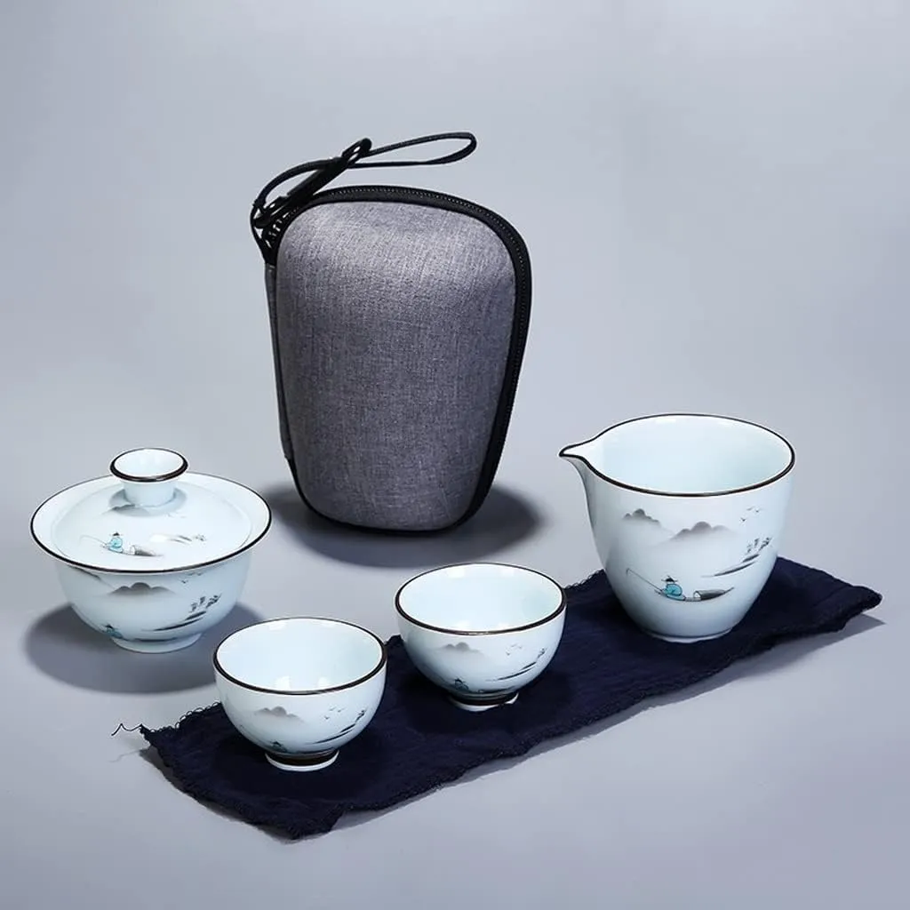 ROLTIN Tea Set Ceramic Portable Teapot Set Travel Gaiwan Tea Cups of Tea Ceremony Teacup Fine Gift with Travel Bag