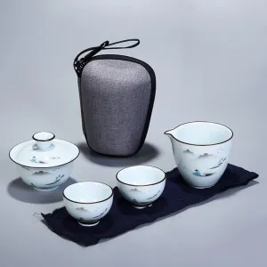 ROLTIN Tea Set Ceramic Portable Teapot Set Travel Gaiwan Tea Cups of Tea Ceremony Teacup Fine Gift with Travel Bag