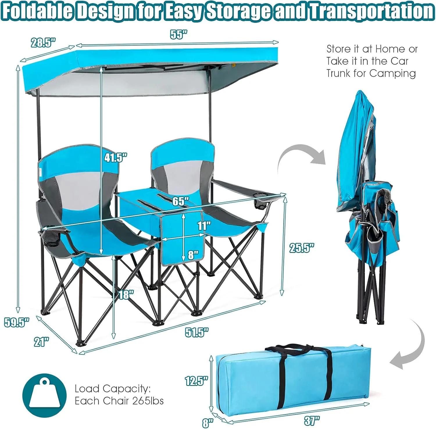 S AFSTAR Safstar Double Camping Chair w/Shade Canopy, 2-Person Folding Camp and Beach Chair with Mini Table Beverage Cup Holder Carrying Bag for Garden Patio Pool Beach