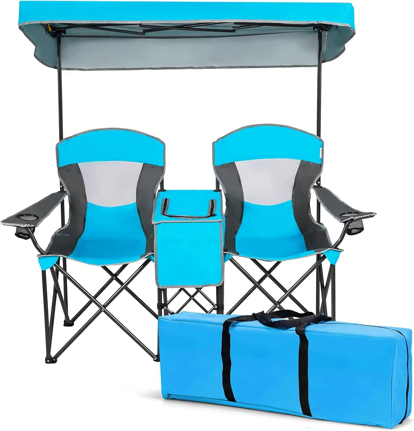 S AFSTAR Safstar Double Camping Chair w/Shade Canopy, 2-Person Folding Camp and Beach Chair with Mini Table Beverage Cup Holder Carrying Bag for Garden Patio Pool Beach