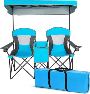 S AFSTAR Safstar Double Camping Chair w/Shade Canopy, 2-Person Folding Camp and Beach Chair with Mini Table Beverage Cup Holder Carrying Bag for Garden Patio Pool Beach