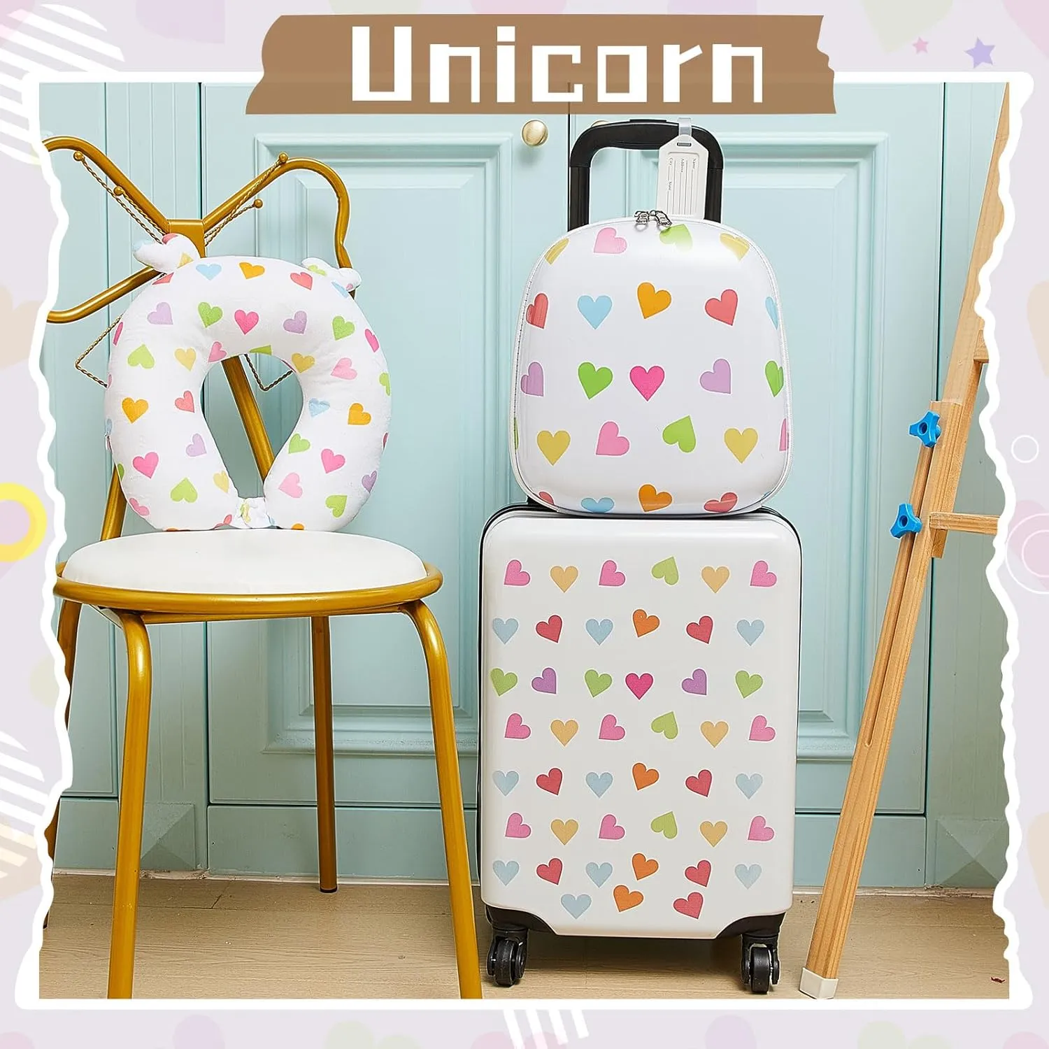 Sanwuta 4 Pcs Kids Luggage Set Kids Backpack Travel Rolling Suitcase with Wheels U-shape Pillow Childrens Gift for Girls Boys(17 Inch,Heart Style,White)