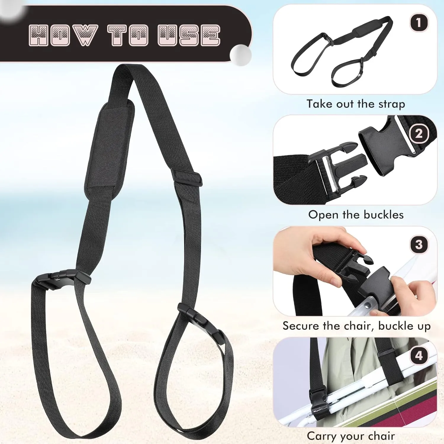 Sanwuta 5 Pcs Carry Strap for Beach Folding Chair, Adjustable Shoulder Carrying Beach Chair Straps for Folding Umbrella Backpack Camping Picnics Outdoor Foldable Bikes(Black)