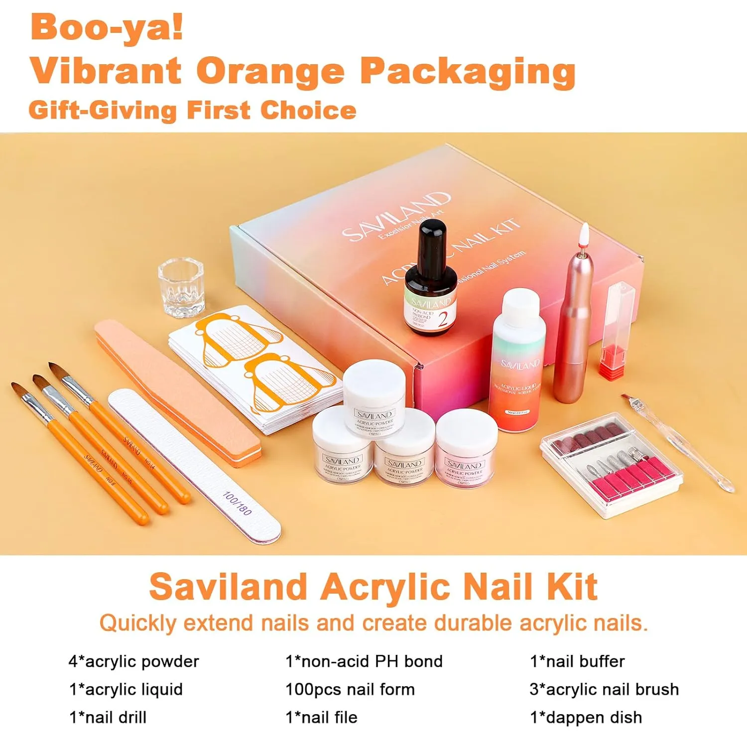 SAVILAND Acrylic Nail Kit - Drill & Acid-free Primer, Clear White Pink Nudes Powder & Liquid Set, Brushes, DIY Nail Extension Gifts for Beginners"