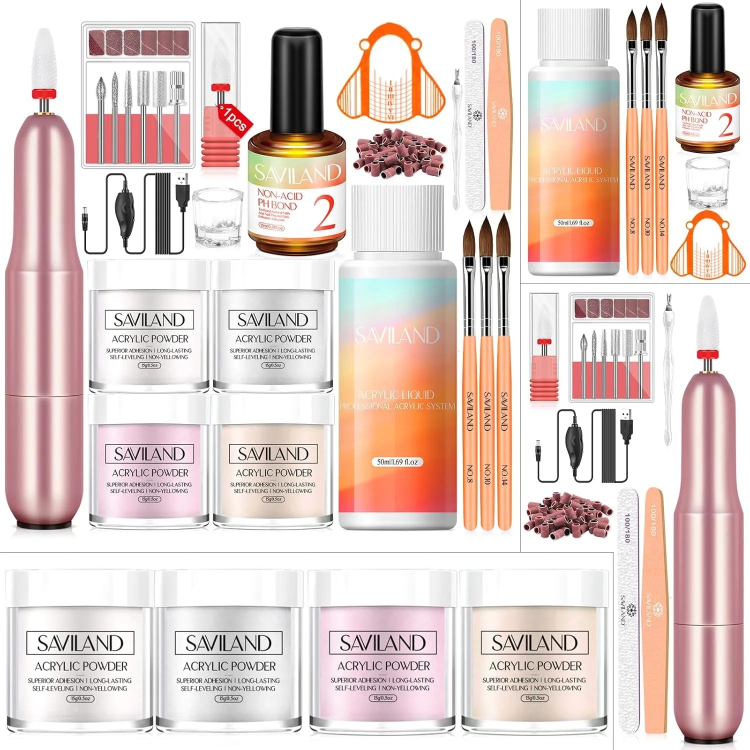 SAVILAND Acrylic Nail Kit - Drill & Acid-free Primer, Clear White Pink Nudes Powder & Liquid Set, Brushes, DIY Nail Extension Gifts for Beginners"
